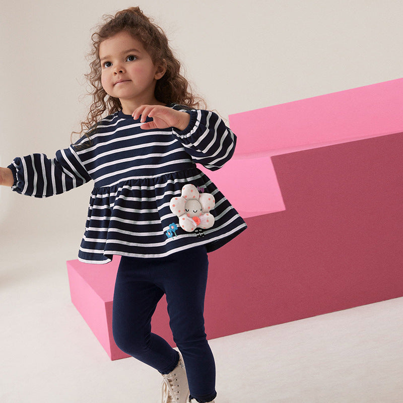 Spring and Autumn Girls Cartoon Flower Decorated Striped Pattern Long Sleeves Dress and Pants Clothing Set