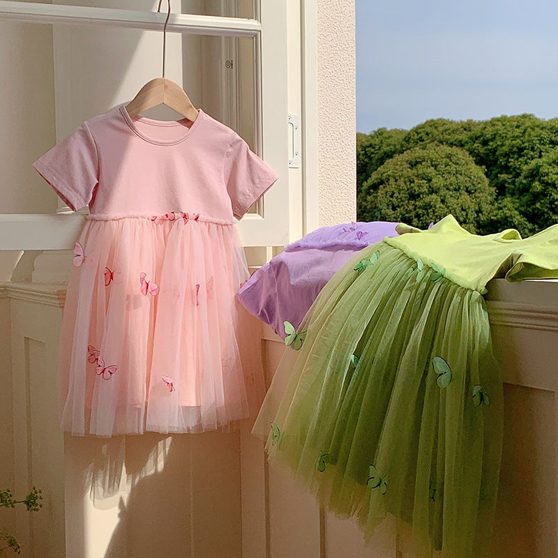 Summer Baby Kids Girls Princess Crew Neck Short Sleeves 3D Butterfly Mesh Patchwork Dress