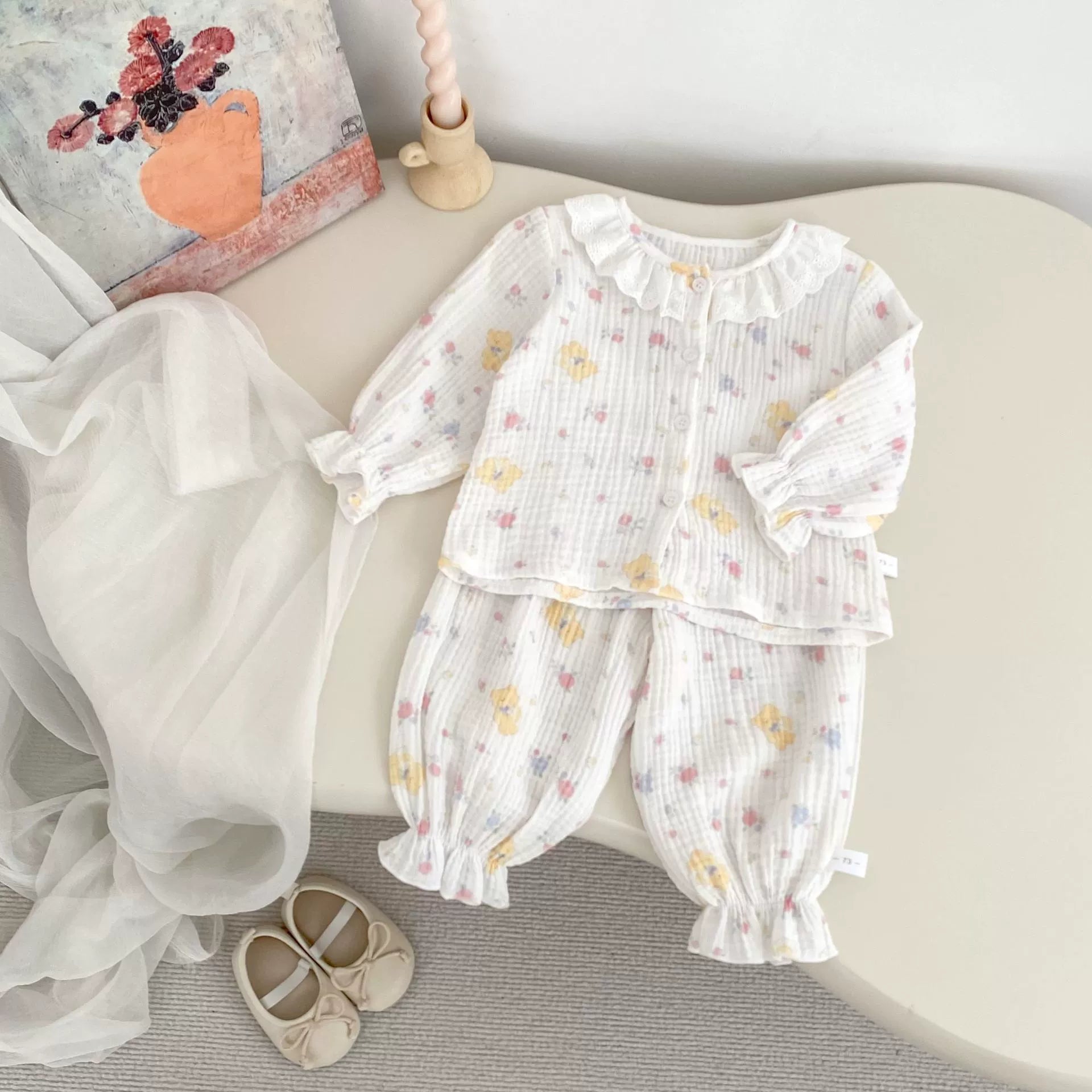 Spring and Autumn Baby Kids Girls Simple Pattern Long Sleeves Top and Pants Pajamas Clothing Set