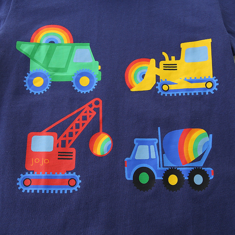 Summer Boys’ Engineering Car Cartoon Pattern T-shirt in European and American Style