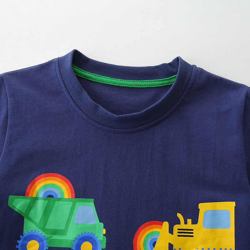 Summer Boys’ Engineering Car Cartoon Pattern T-shirt in European and American Style