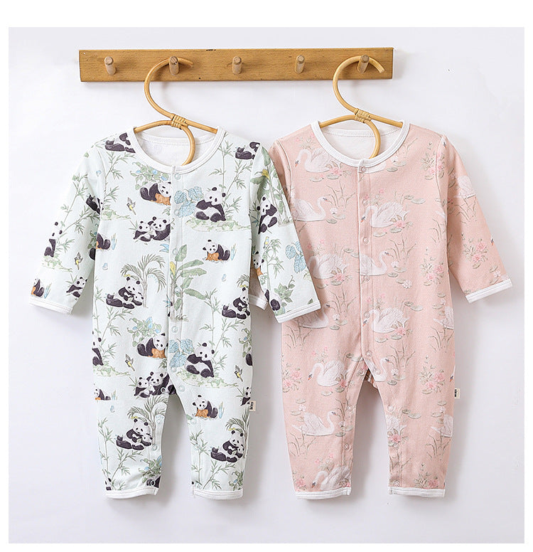 Autumn and Spring Arrival Baby Unisex Animals Pattern Long Sleeves Crew Neck Single Breasted Rompers