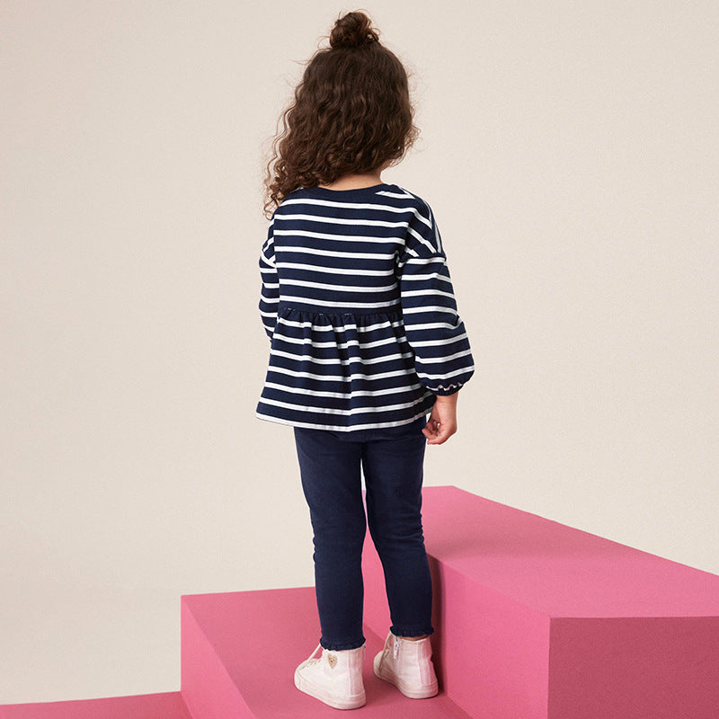 Spring and Autumn Girls Cartoon Flower Decorated Striped Pattern Long Sleeves Dress and Pants Clothing Set