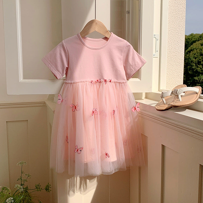 Summer Baby Kids Girls Princess Crew Neck Short Sleeves 3D Butterfly Mesh Patchwork Dress