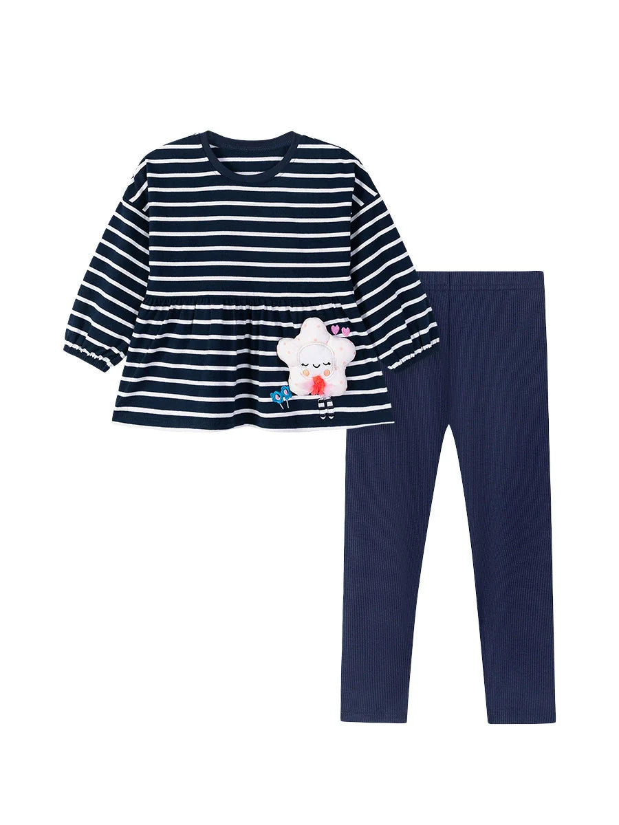 Spring and Autumn Girls Cartoon Flower Decorated Striped Pattern Long Sleeves Dress and Pants Clothing Set