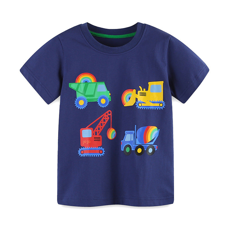 Summer Boys’ Engineering Car Cartoon Pattern T-shirt in European and American Style