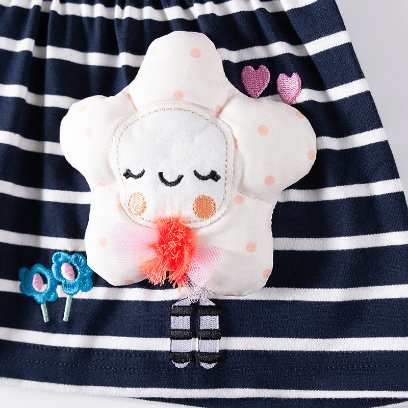 Spring and Autumn Girls Cartoon Flower Decorated Striped Pattern Long Sleeves Dress and Pants Clothing Set