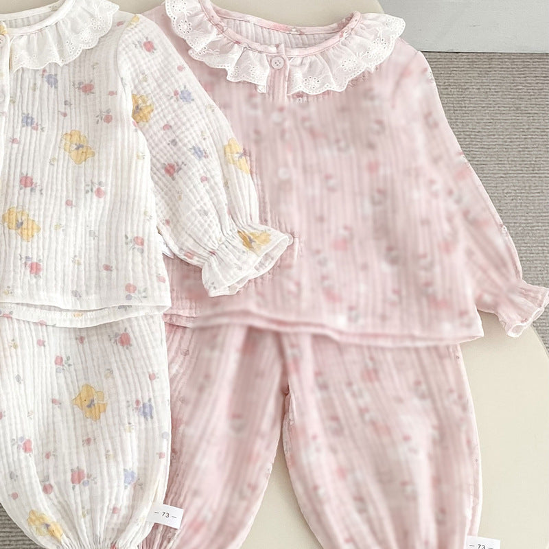 Spring and Autumn Baby Kids Girls Simple Pattern Long Sleeves Top and Pants Pajamas Clothing Set