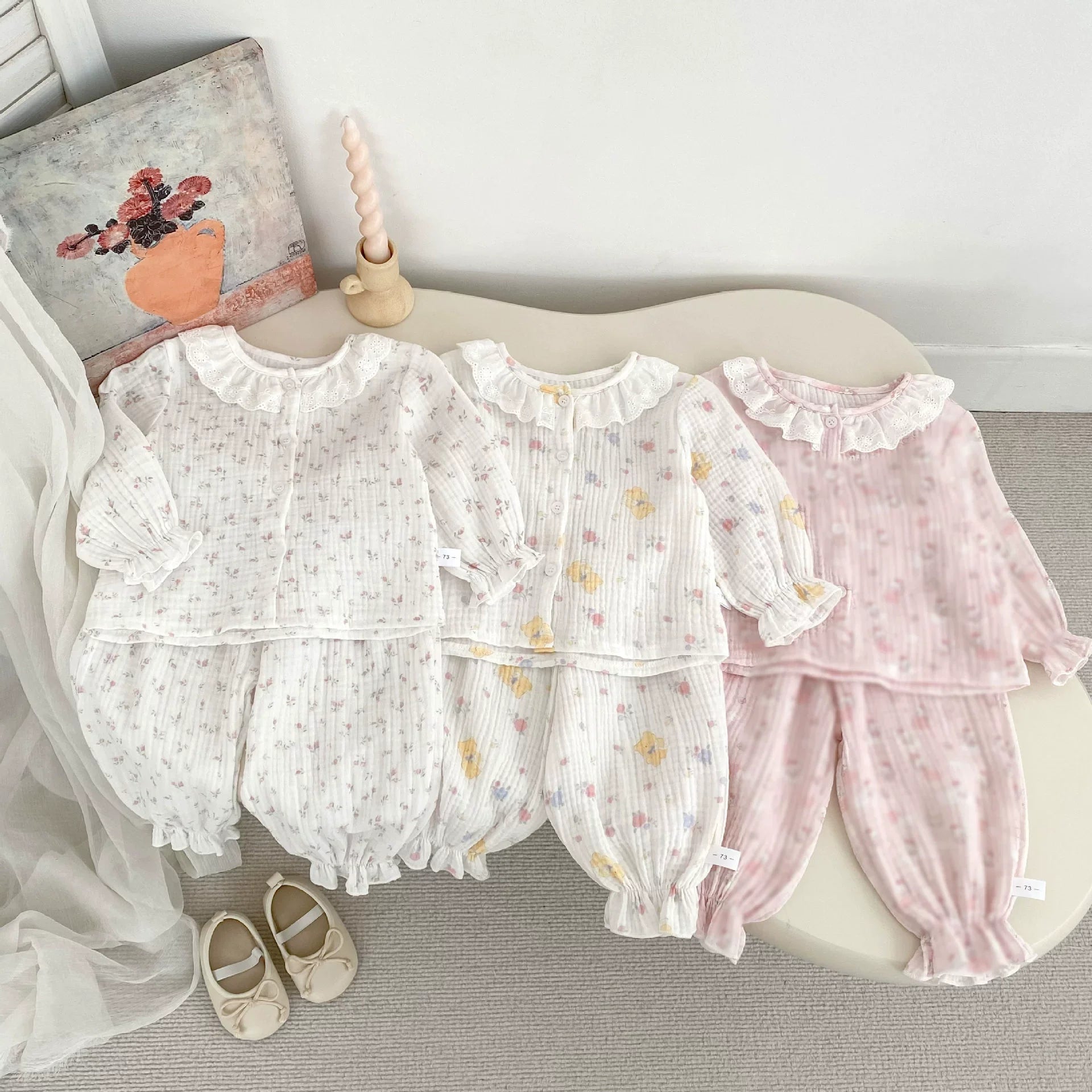 Spring and Autumn Baby Kids Girls Simple Pattern Long Sleeves Top and Pants Pajamas Clothing Set